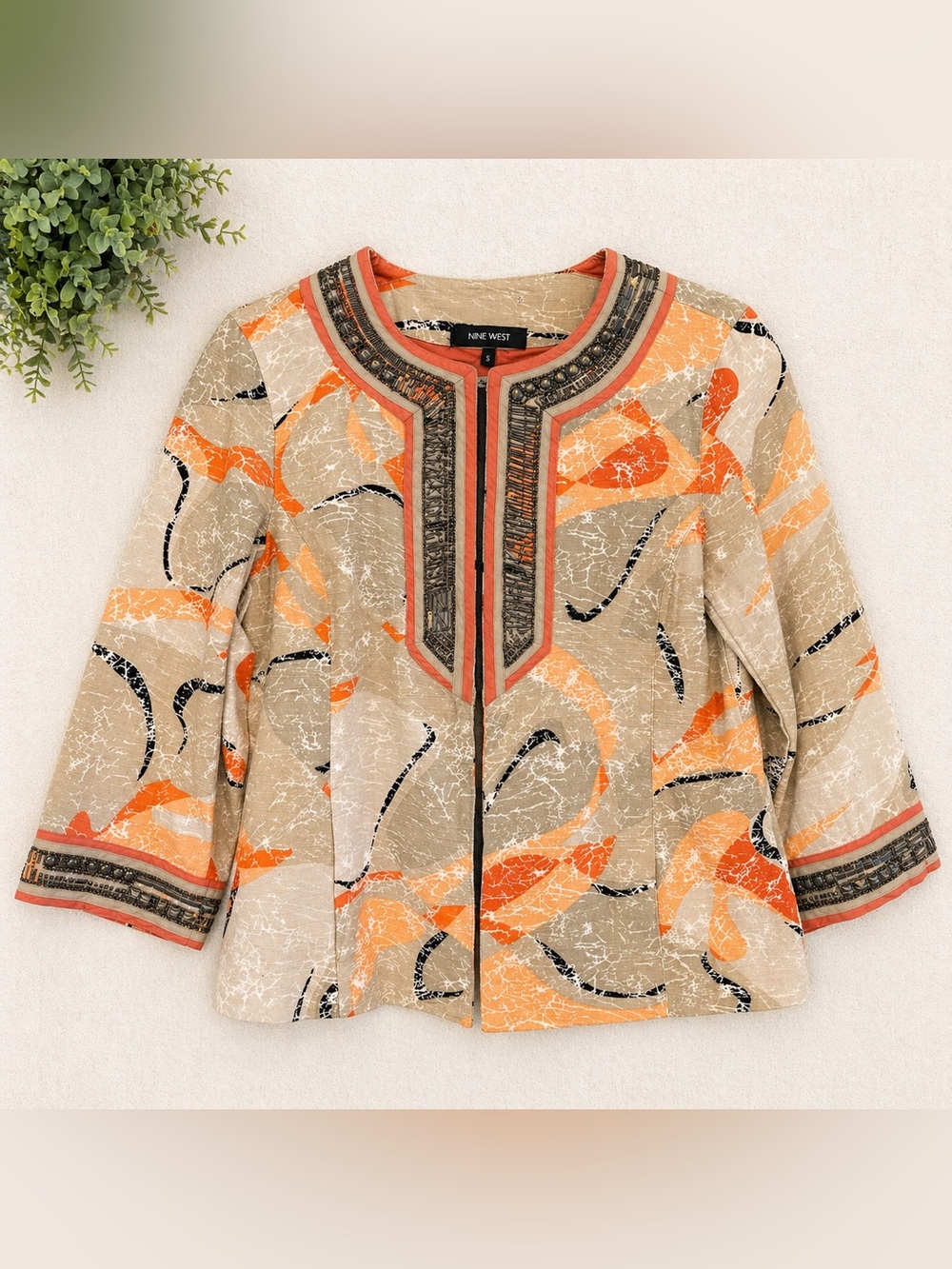 Nine West Beaded Boho Jacket Top Small Embellished Lightweight Floral Open Front